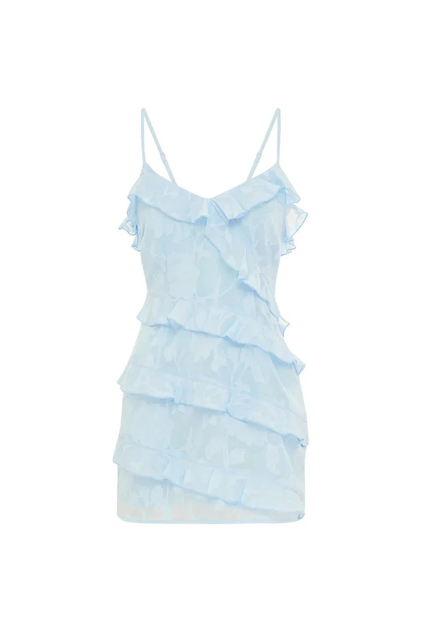 Aisha Frill Floral Mini Dress - Sky Blue