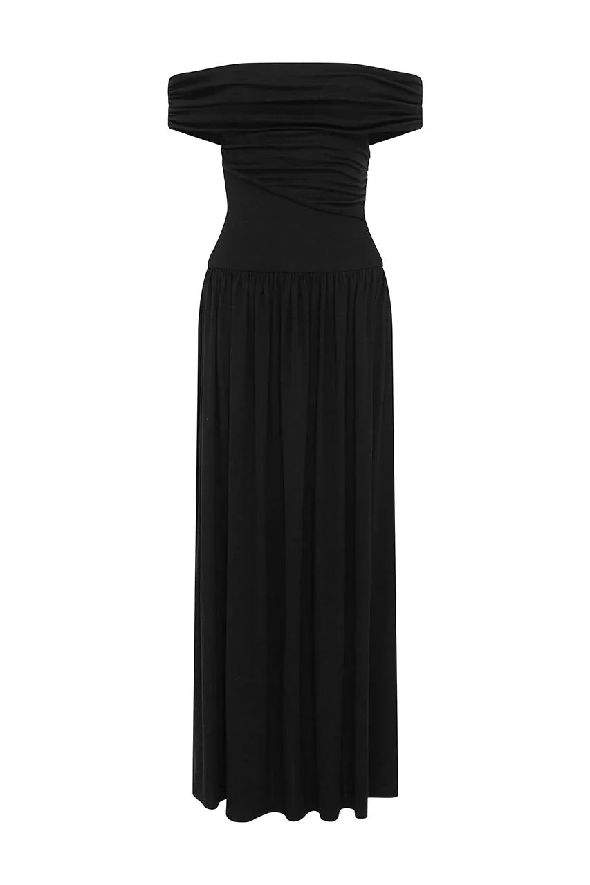 Manalla Off Shoulder Ruching Dress - Black