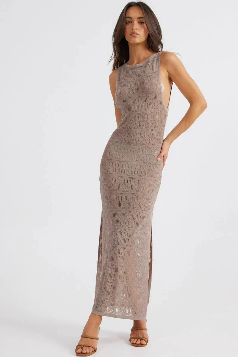 Aelia Crochet Boat Neck Maxi Dress - Mocha
