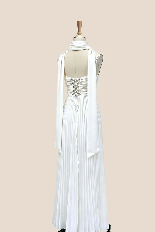 Empire White Pleated Satin Scarf Neck Maxi Dress