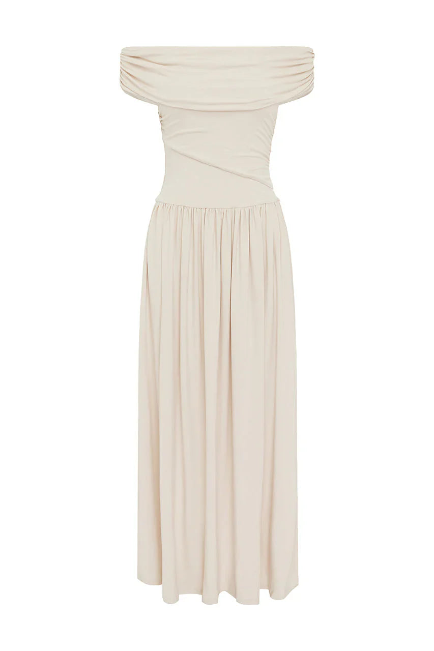 Manalla Off Shoulder Ruching Dress - Stone