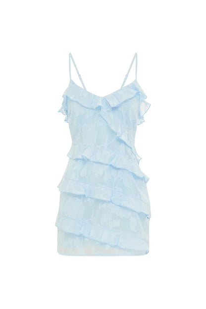 Aisha Frill Floral Mini Dress - Sky Blue