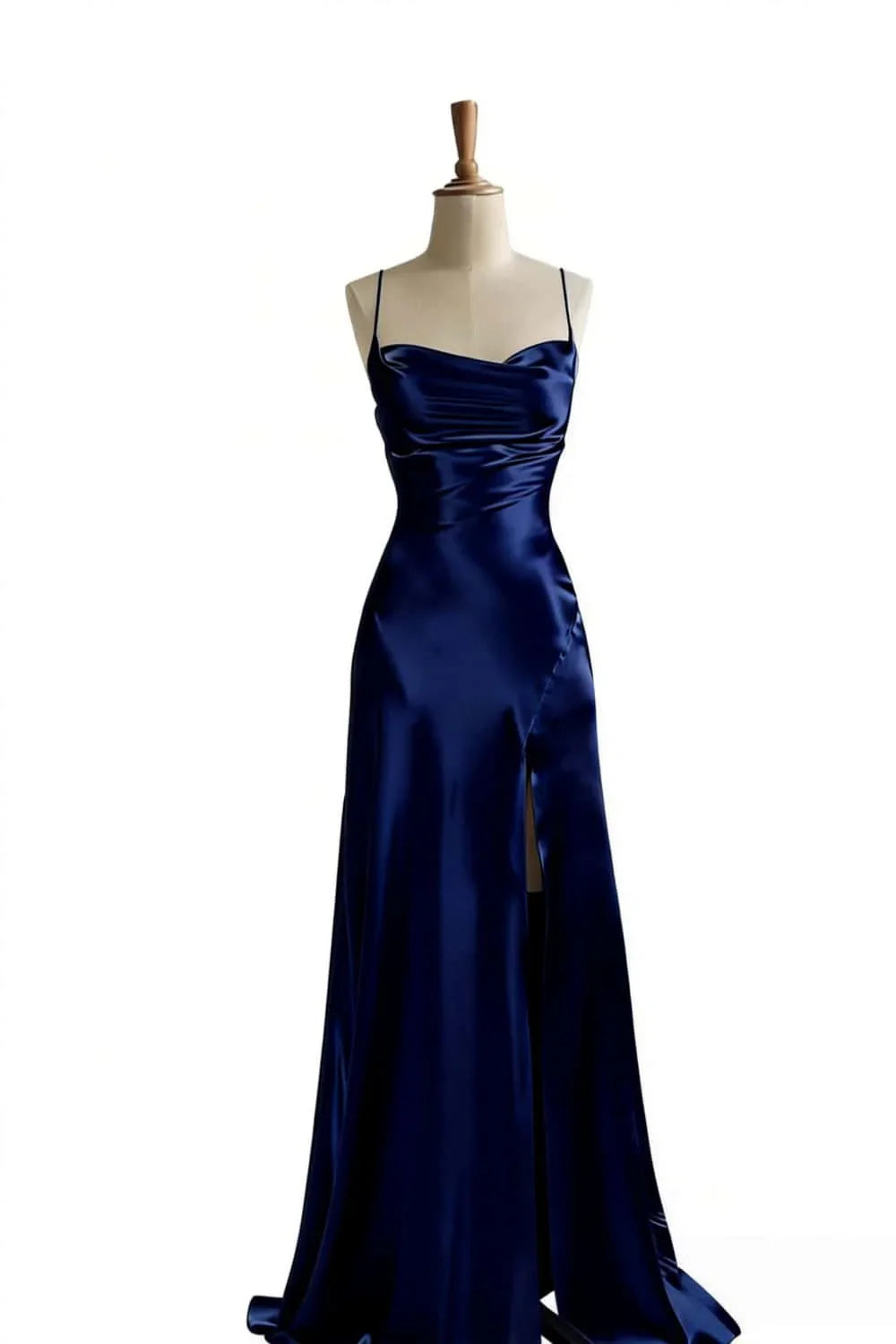 Simple Satin Slit Long Formal Spaghetti Straps Dress