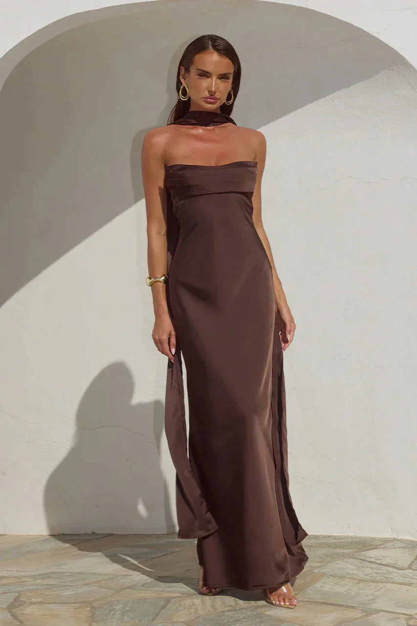 Madeleine Strapless Pleated Dress - Bitter Chocolate