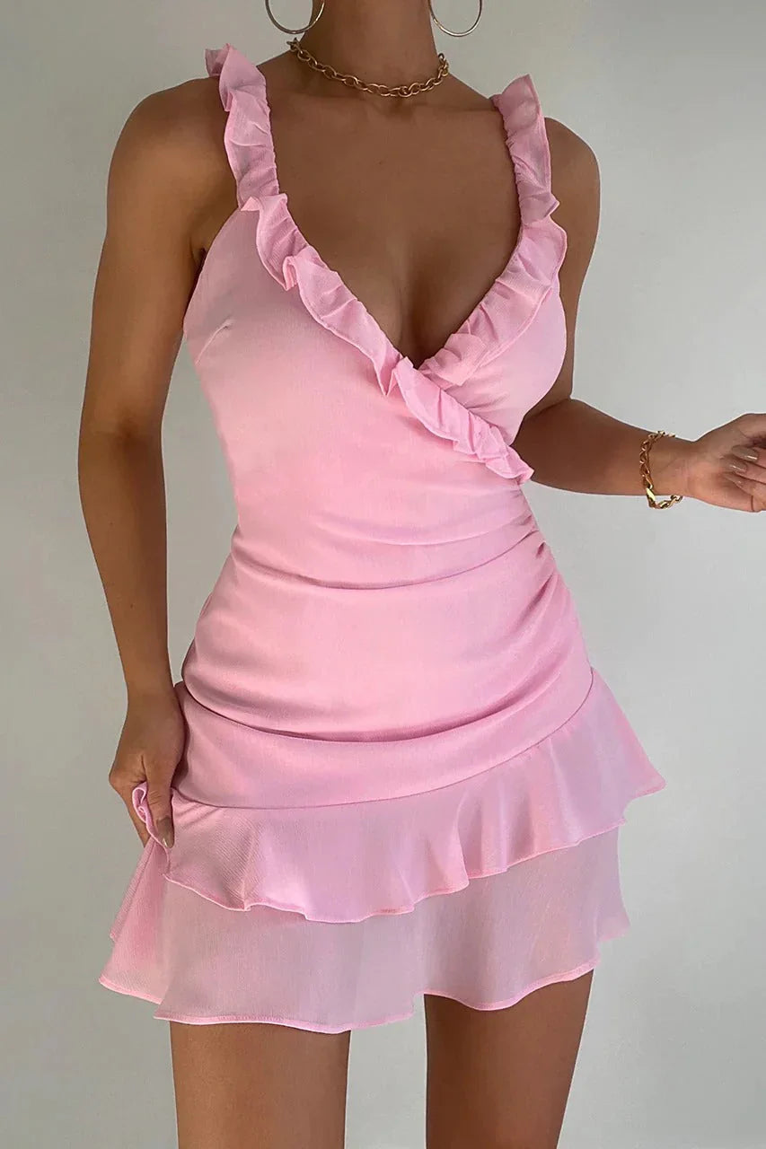Mina Frilled Strap Crossover Mini Dress - Musk Pink