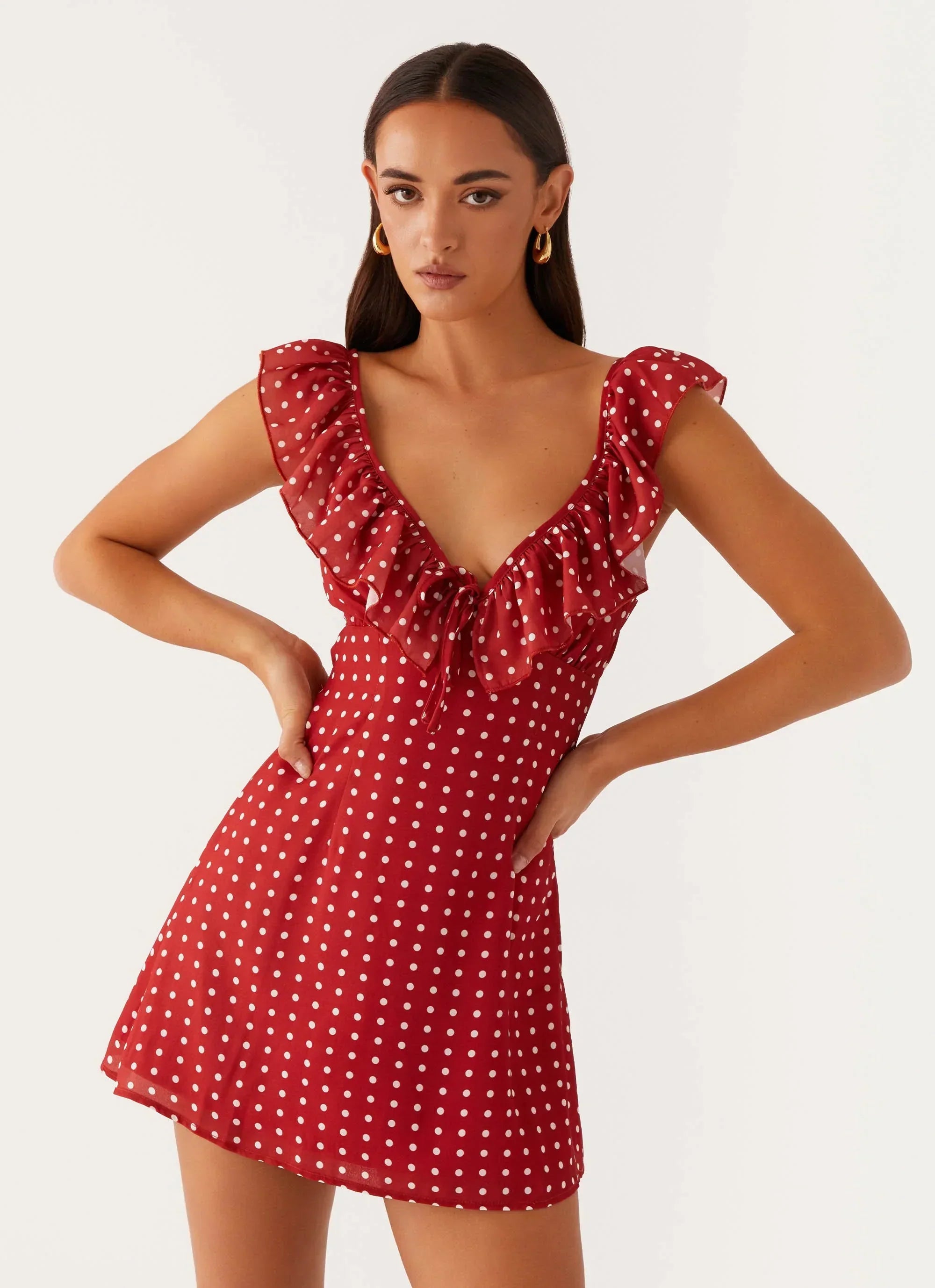 Adrina Frill V-Neck Mini Dress - Red Polka Dot