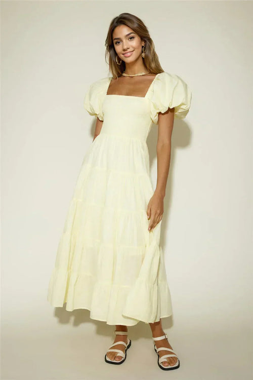 Adela Shirred Floaty Maxi Dress - Yellow