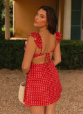 Adrina Frill V-Neck Mini Dress - Red Polka Dot