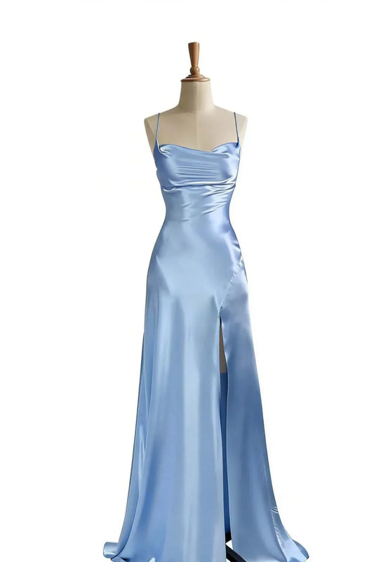 Simple Satin Slit Long Formal Spaghetti Straps Dress