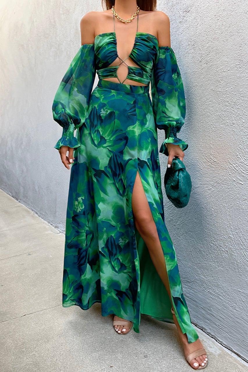 Kharma Off-Shoulder Maxi Dress Green Floral
