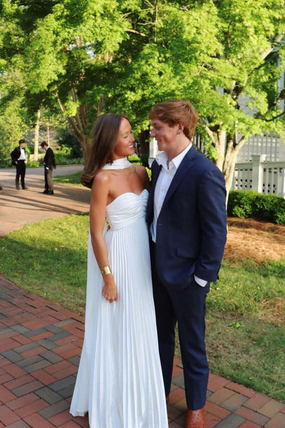 Empire White Pleated Satin Scarf Neck Maxi Dress