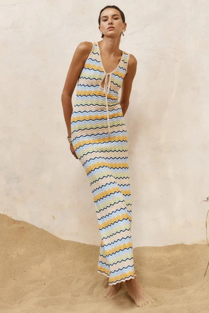 Isaba Crochet Knit Maxi Dress Blue Multi