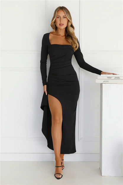 After Hours Long Sleeve Frill Maxi Dress - Black