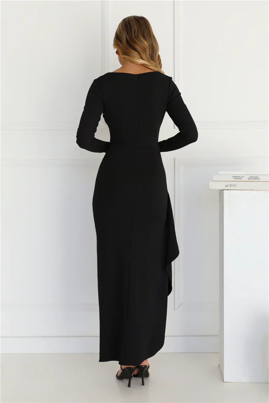 After Hours Long Sleeve Frill Maxi Dress - Black