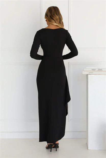 After Hours Long Sleeve Frill Maxi Dress - Black