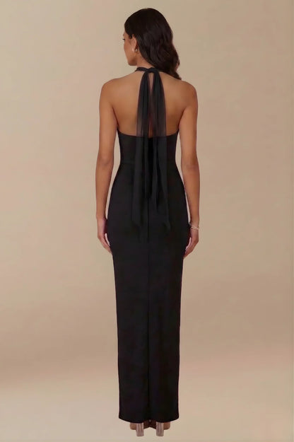 Sable Mesh Tie Halter Gown - Black
