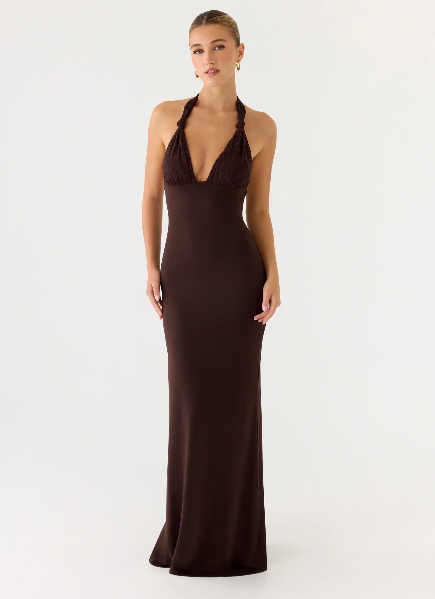 All I Need Halter Lace Maxi Dress - Chocolate
