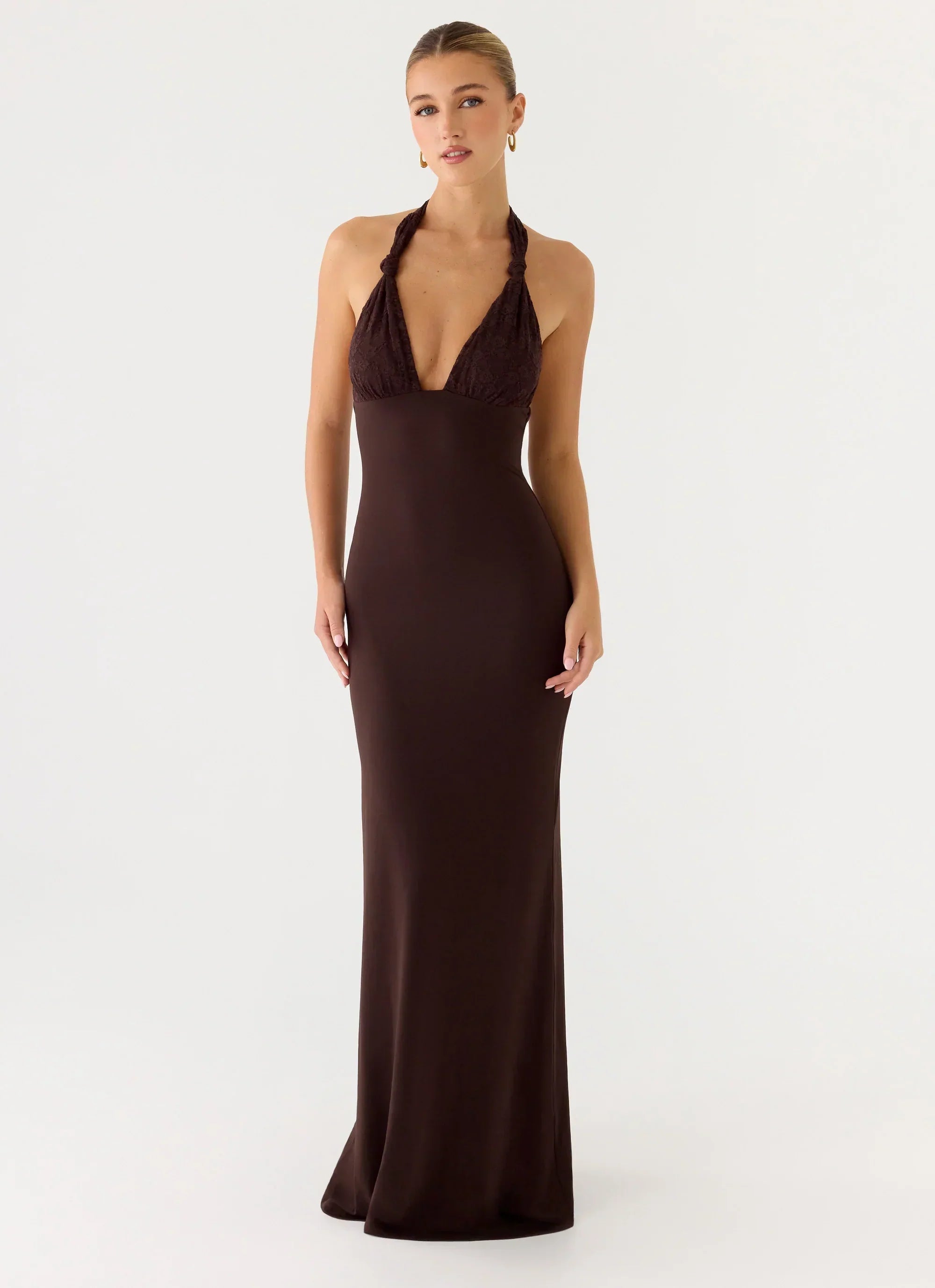 All I Need Halter Lace Maxi Dress - Chocolate