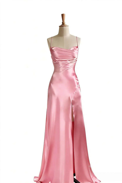 Simple Satin Slit Long Formal Spaghetti Straps Dress
