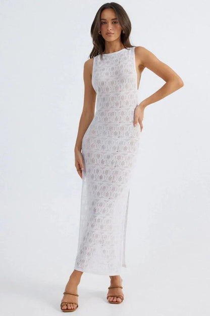Aelia Crochet Boat Neck Maxi Dress - White