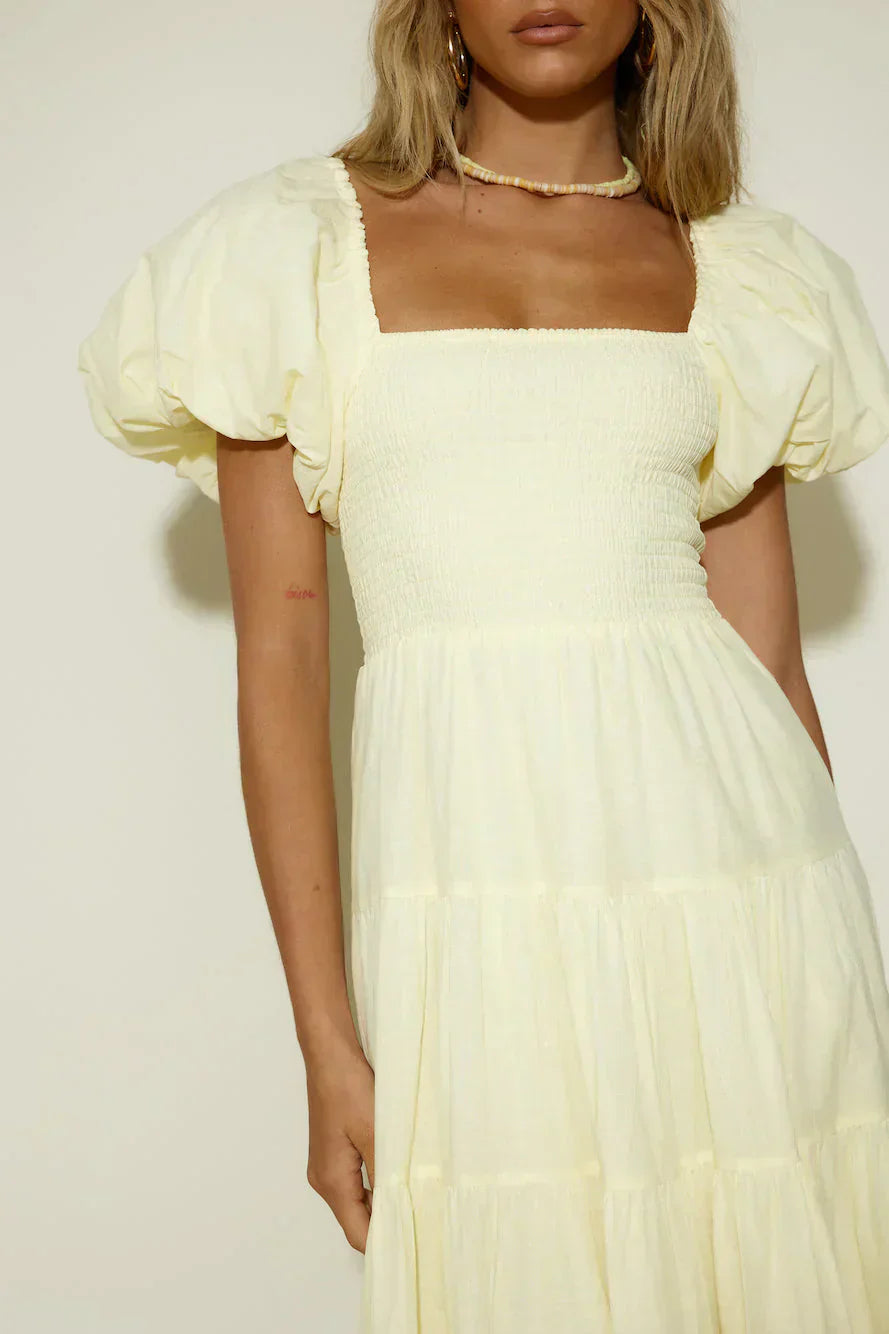 Adela Shirred Floaty Maxi Dress - Yellow
