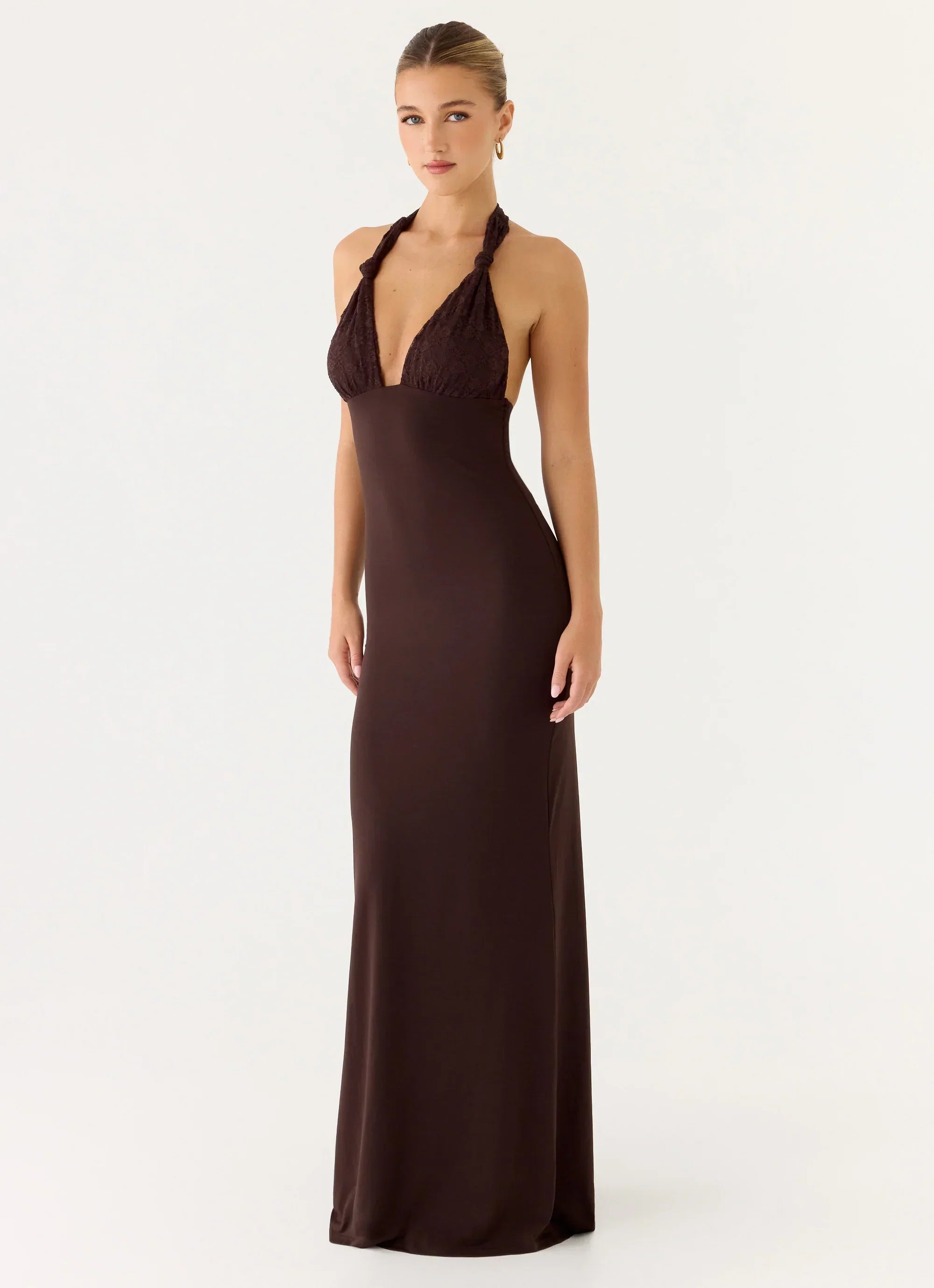 All I Need Halter Lace Maxi Dress - Chocolate