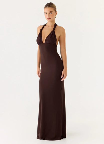 All I Need Halter Lace Maxi Dress - Chocolate