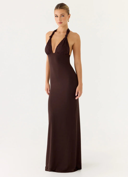 All I Need Halter Lace Maxi Dress - Chocolate