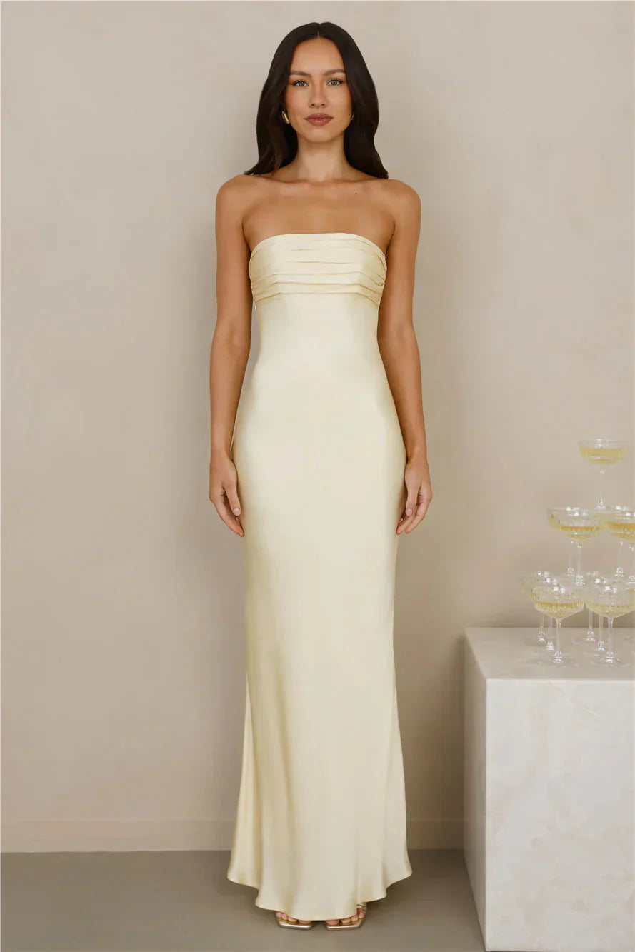 The Seraphina Strapless Satin Maxi Dress Yellow