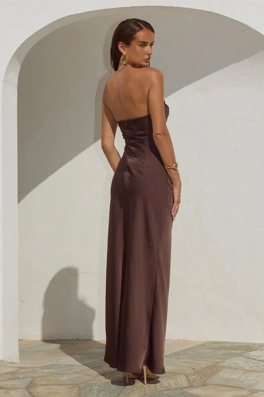 Madeleine Strapless Pleated Dress - Bitter Chocolate