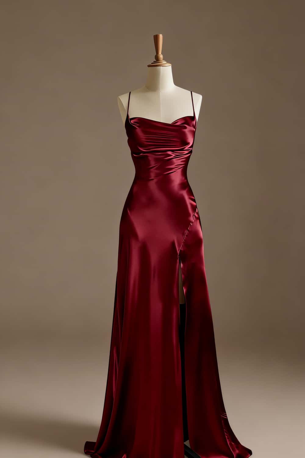 Simple Satin Slit Long Formal Spaghetti Straps Dress