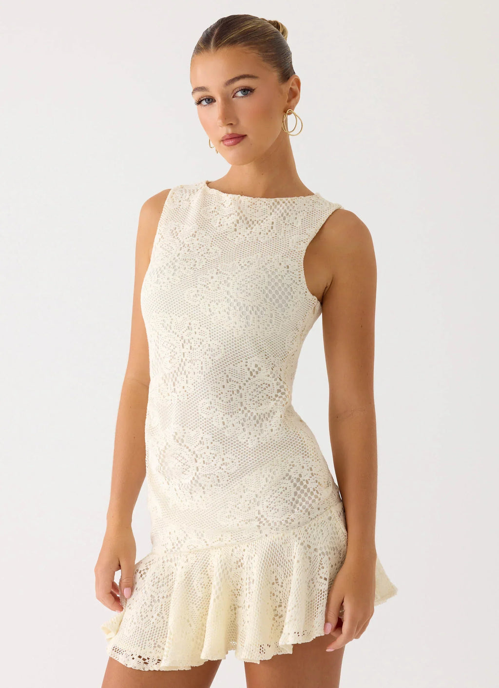 Adoria Lace Boat Neck Asymmetric Mini Dress - Ivory