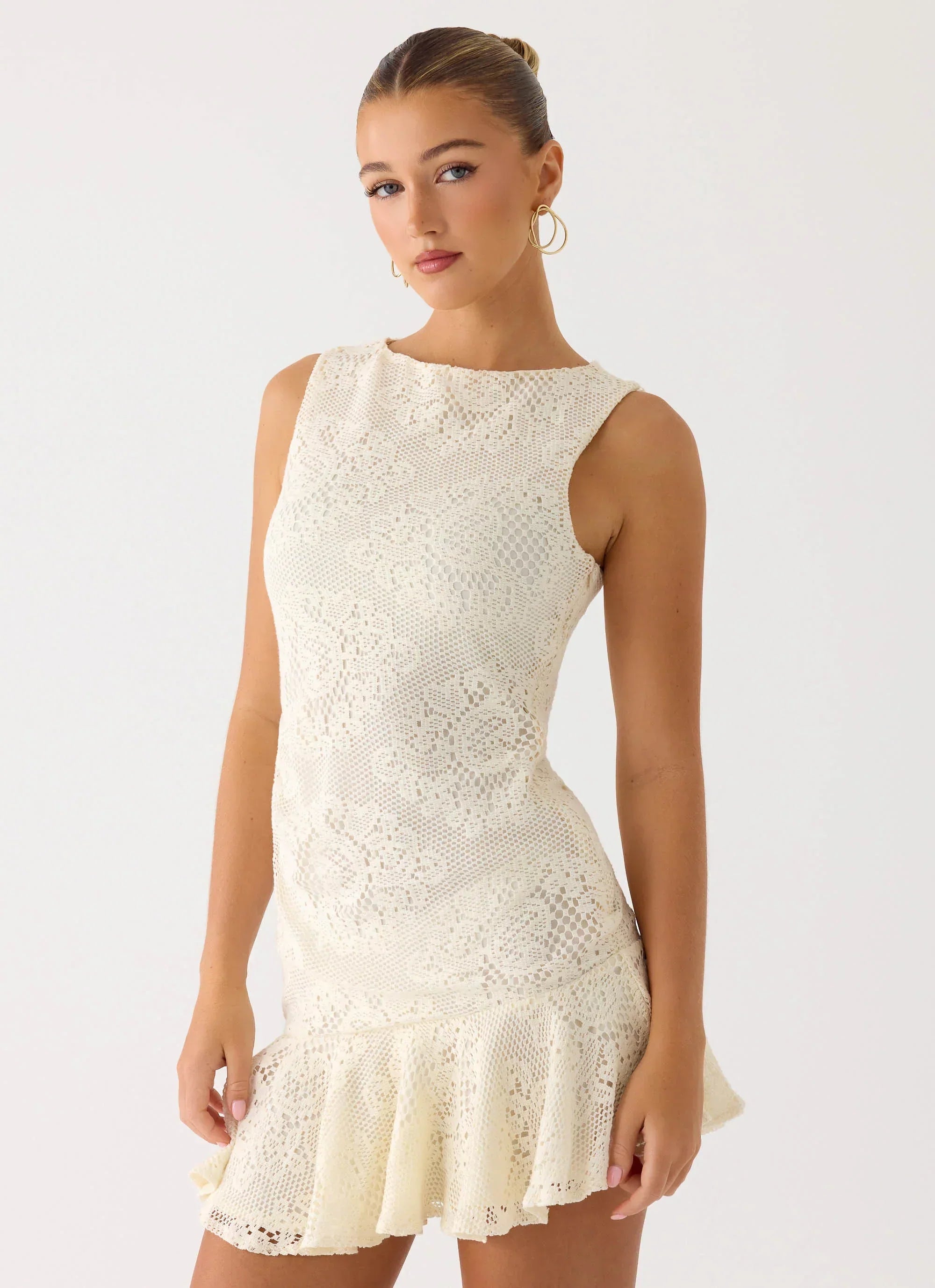 Adoria Lace Boat Neck Asymmetric Mini Dress - Ivory