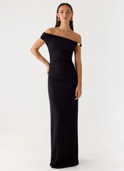 Afterlight Off-Shoulder Asymmetrical Maxi Dress - Black