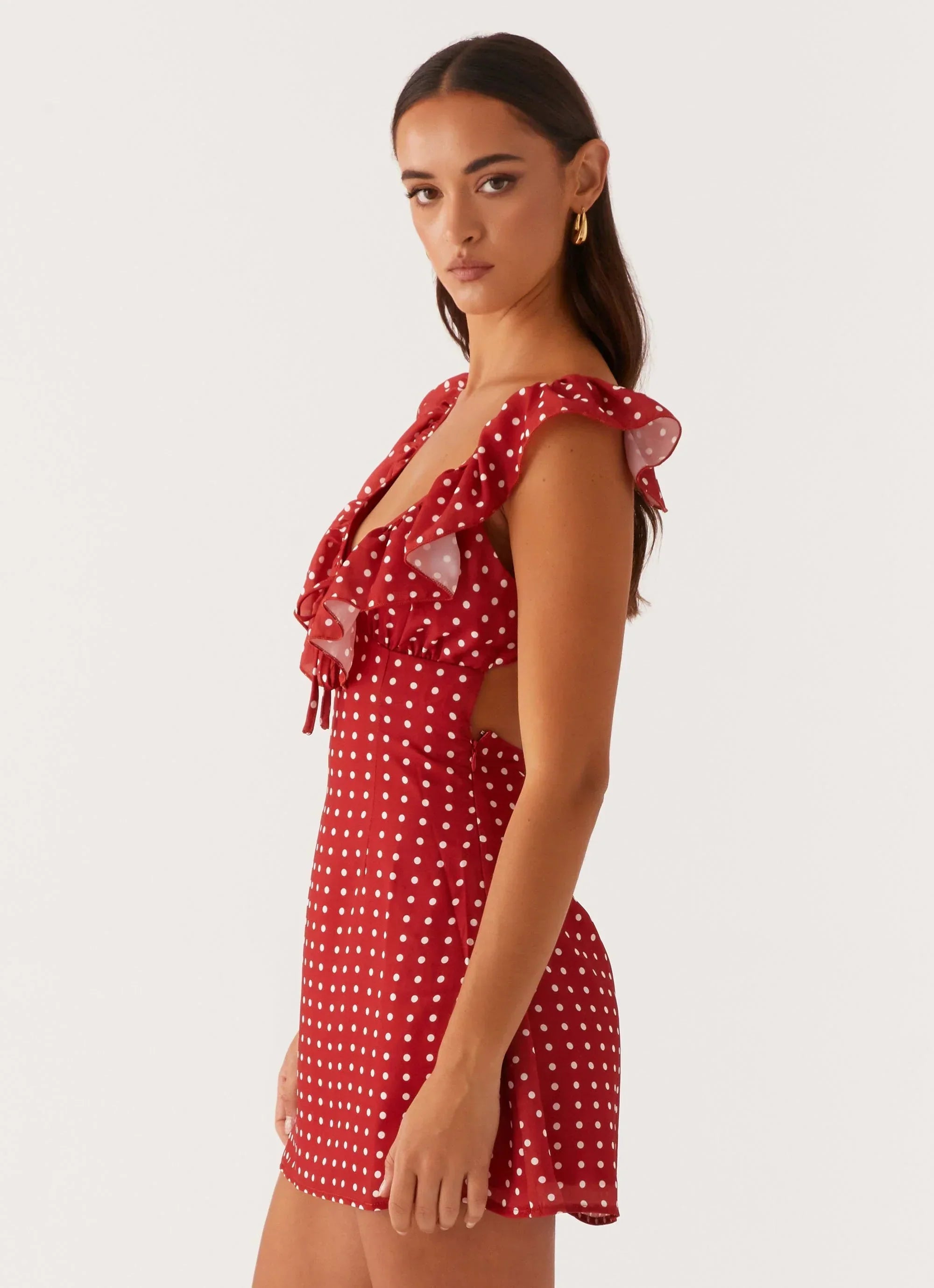 Adrina Frill V-Neck Mini Dress - Red Polka Dot