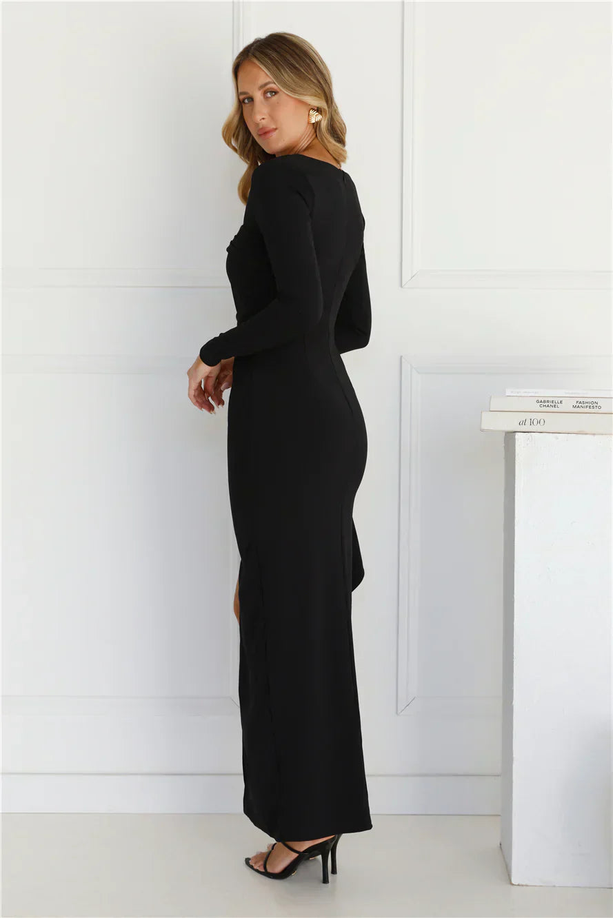 After Hours Long Sleeve Frill Maxi Dress - Black