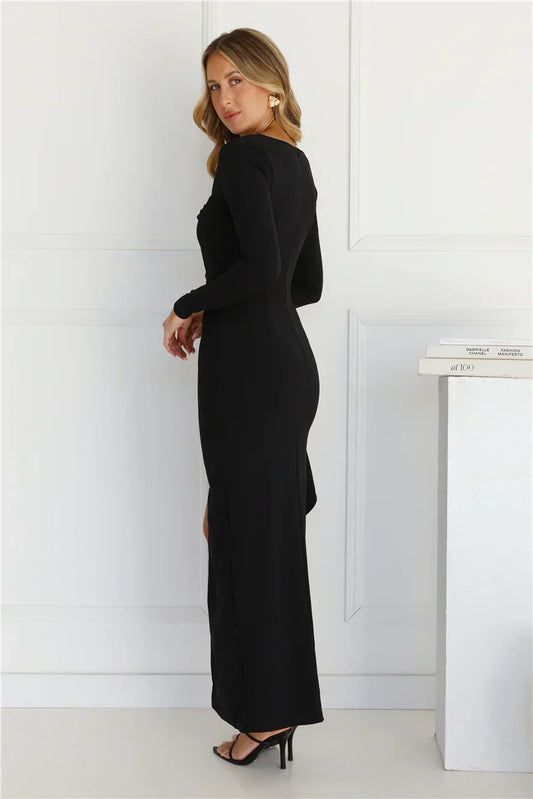 After Hours Long Sleeve Frill Maxi Dress - Black