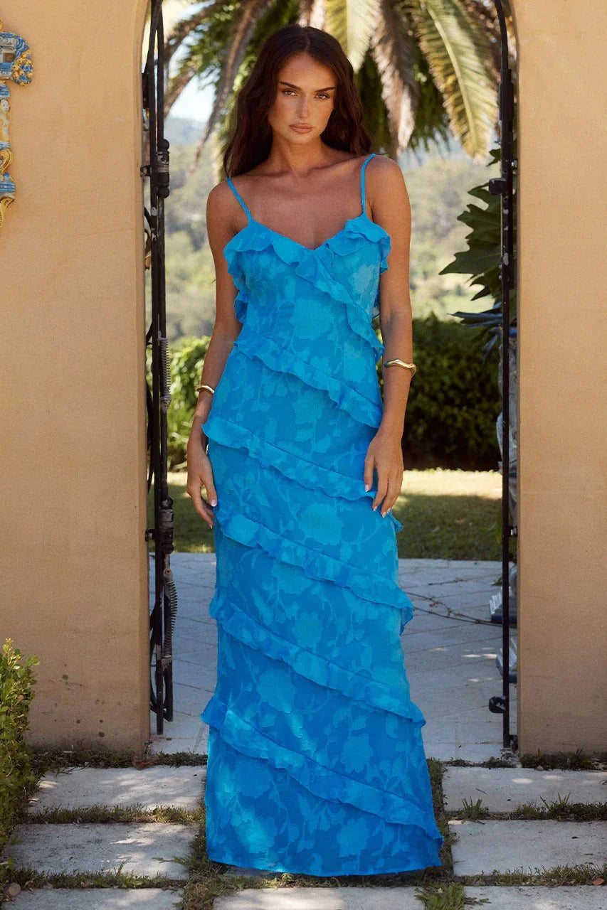 Mandeville V Neck Frill Dress - Aqua