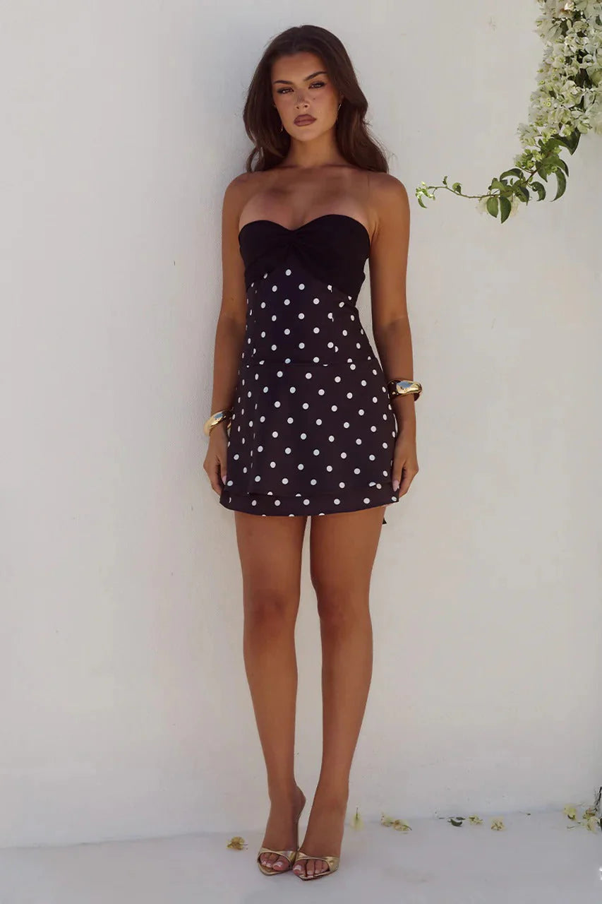 Kadie Strapless Polka Satin Dress - Black/White