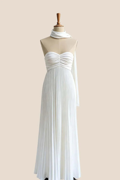 Empire White Pleated Satin Scarf Neck Maxi Dress
