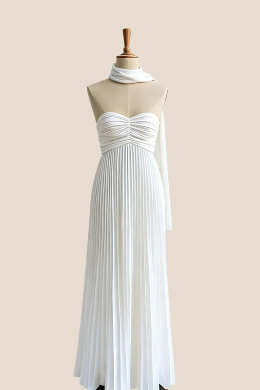 Empire White Pleated Satin Scarf Neck Maxi Dress