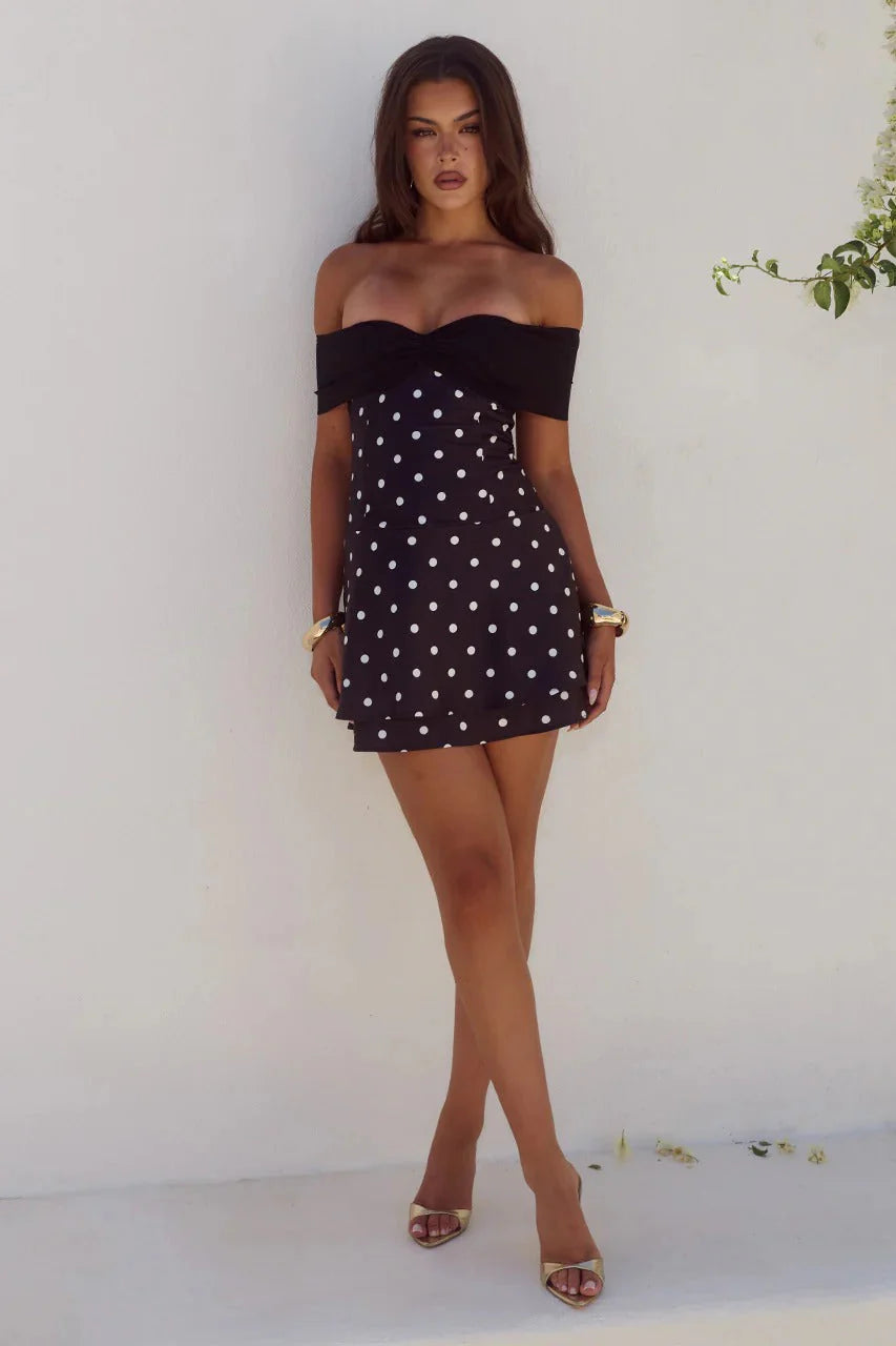 Kadie Strapless Polka Satin Dress - Black/White