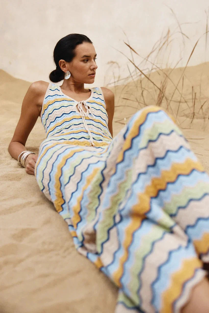 Isaba Crochet Knit Maxi Dress Blue Multi