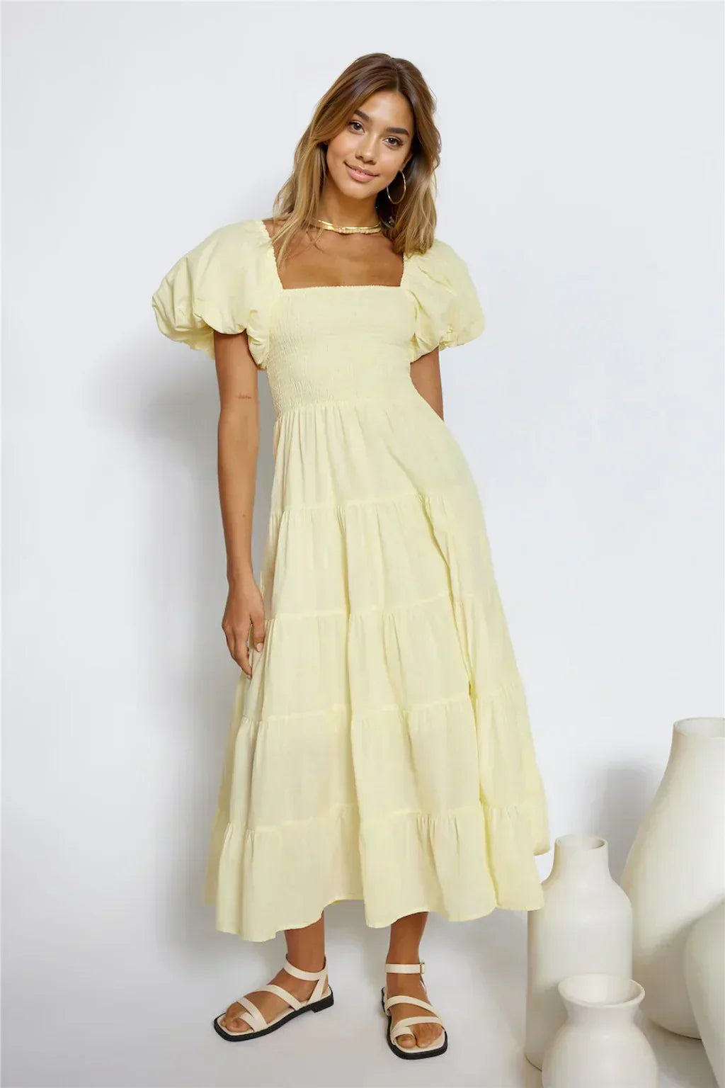 Adela Shirred Floaty Maxi Dress - Yellow