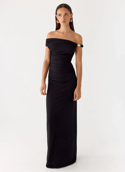 Afterlight Off-Shoulder Asymmetrical Maxi Dress - Black