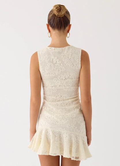 Adoria Lace Boat Neck Asymmetric Mini Dress - Ivory