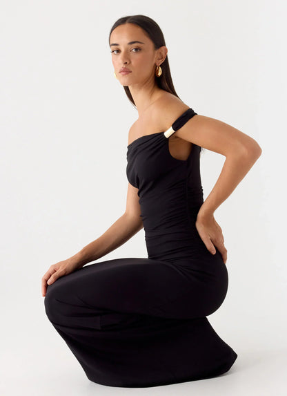 Afterlight Off-Shoulder Asymmetrical Maxi Dress - Black