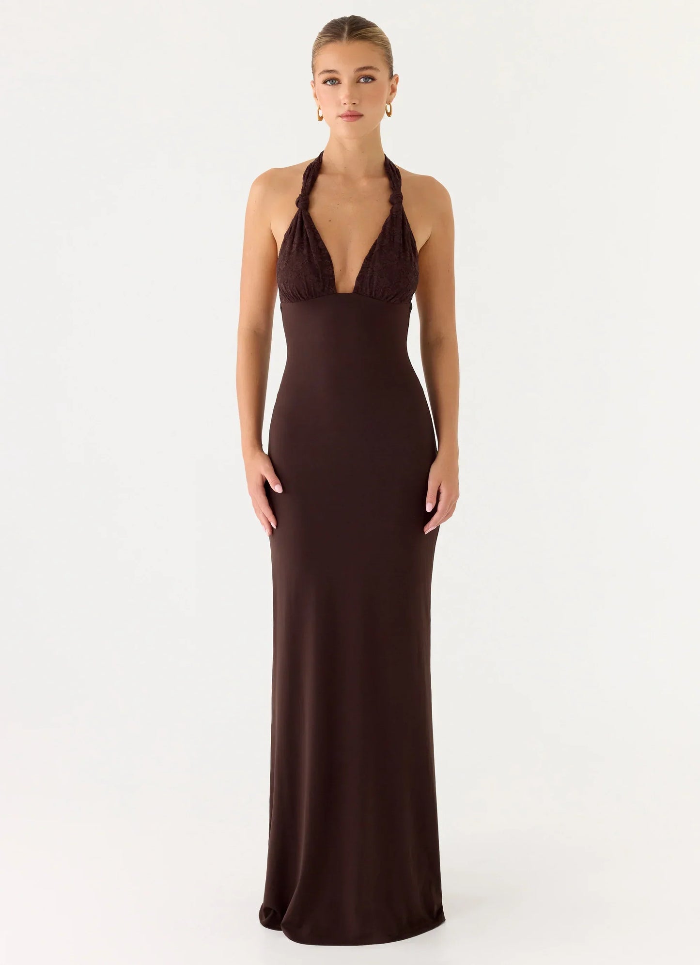 All I Need Halter Lace Maxi Dress - Chocolate