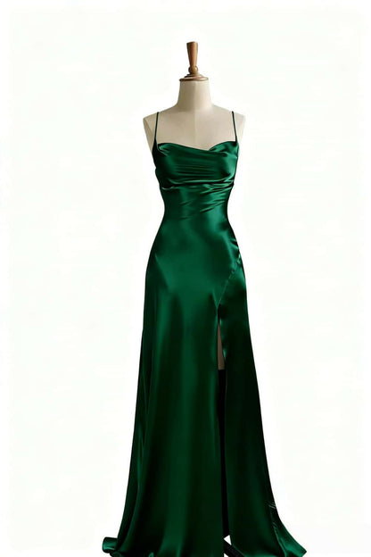 Simple Satin Slit Long Formal Spaghetti Straps Dress