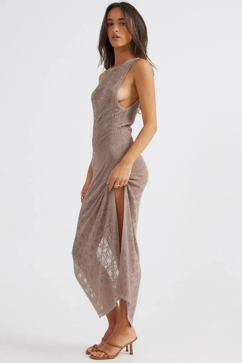 Aelia Crochet Boat Neck Maxi Dress - Mocha